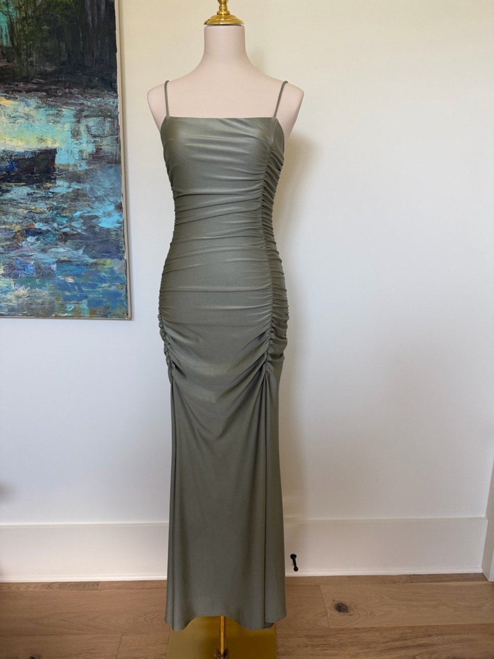 Olive Green Ruched Slip Maxi Dress